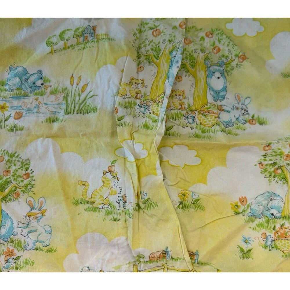 Vtg 70s Dundee Yellow Bears Rabbits Forest Fitted Crib Sheet & Pillowcase Animal